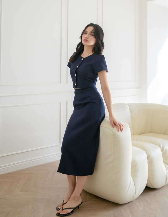 Eve Tweed Midi Skirt in Navy