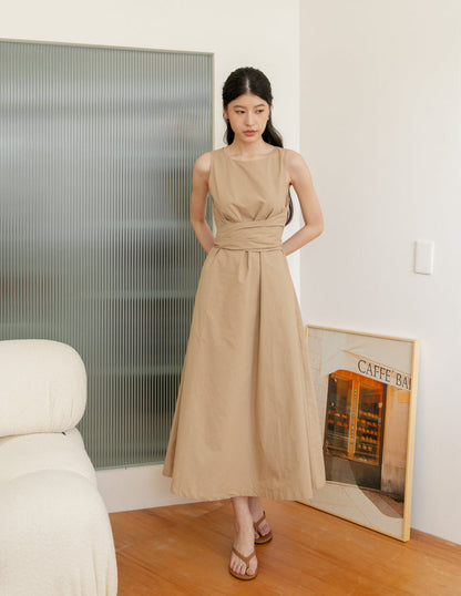 Feodora Tie Waist Dress in Camel