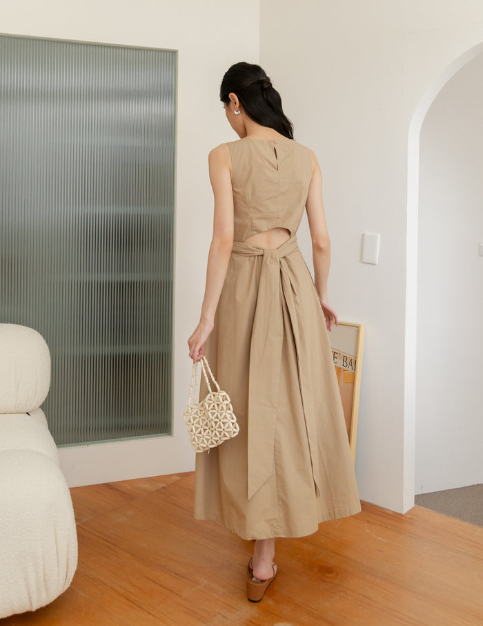 Feodora Tie Waist Dress in Camel