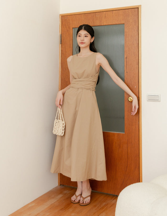 Feodora Tie Waist Dress in Camel