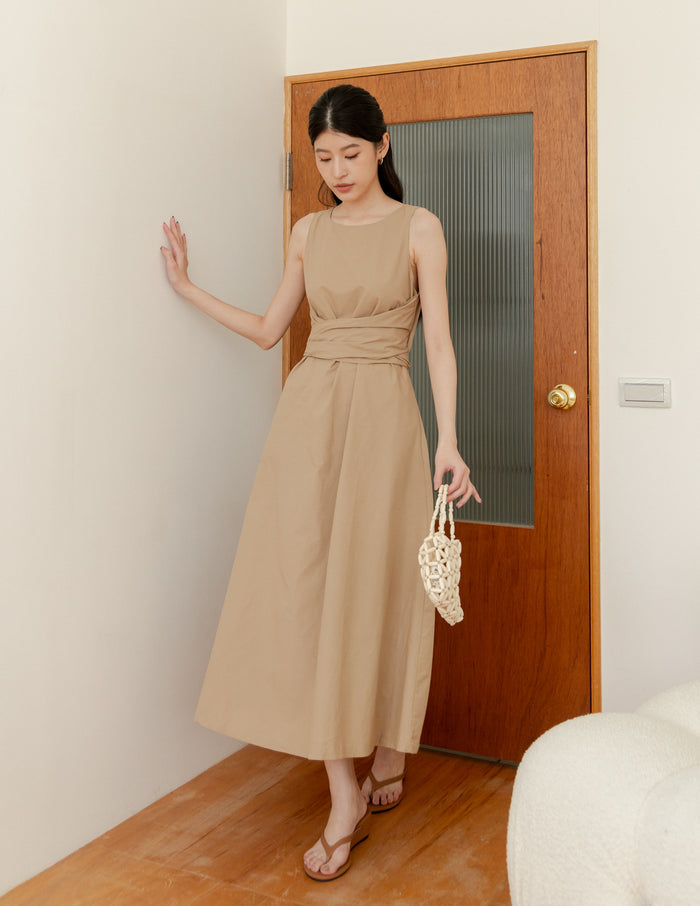 Feodora Tie Waist Dress in Camel