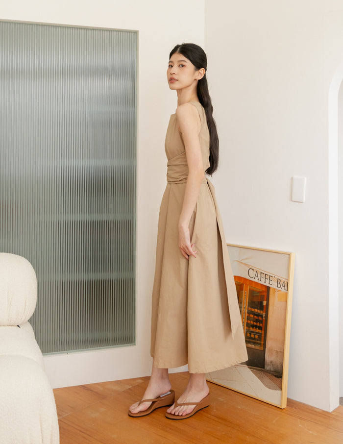 Feodora Tie Waist Dress in Camel
