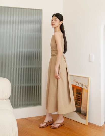 Feodora Tie Waist Dress in Camel