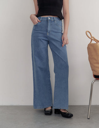 Gemma Stretchy Wide Straight Jeans in Mid Wash