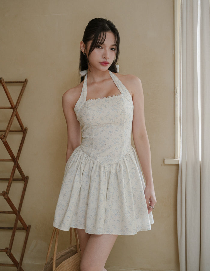 Isabela Floral Halter Dress Romper in Blue