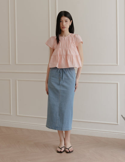 Ivy Contrast Waist Denim Skirt in Light Wash