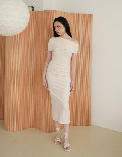 Janelle Asymmetrical Shoulder Dress in Beige