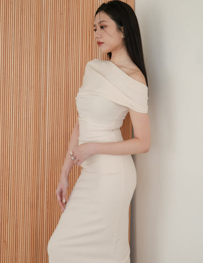 Janelle Asymmetrical Shoulder Dress in Beige