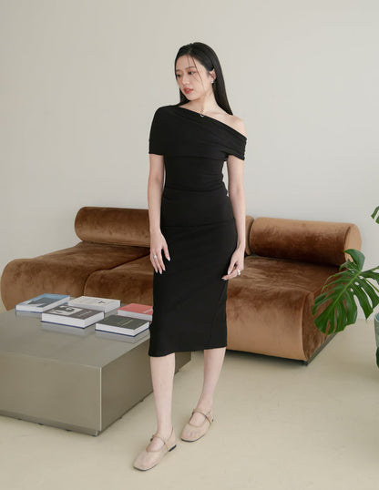 Janelle Asymmetrical Shoulder Dress in Black