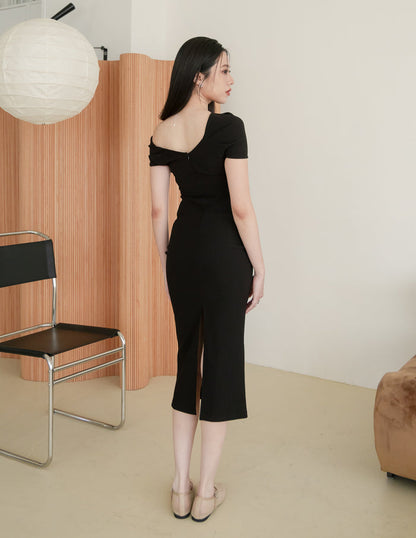 Janelle Asymmetrical Shoulder Dress in Black