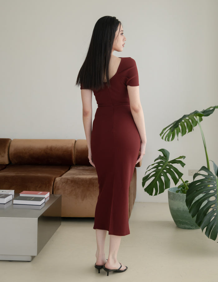 Janelle Asymmetrical Shoulder Dress in Burgundy