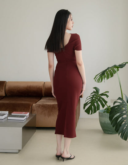 Janelle Asymmetrical Shoulder Dress in Burgundy