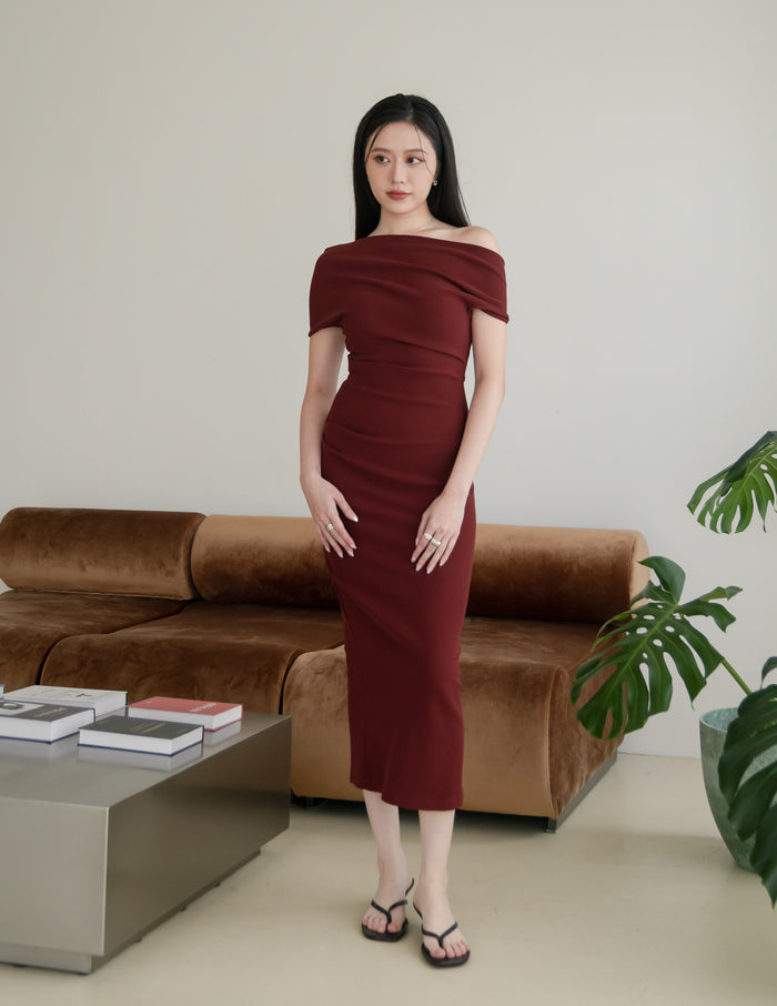 Janelle Asymmetrical Shoulder Dress in Burgundy