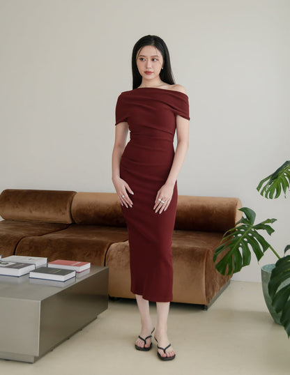 Janelle Asymmetrical Shoulder Dress in Burgundy