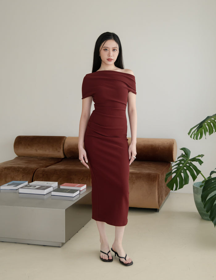 Janelle Asymmetrical Shoulder Dress in Burgundy