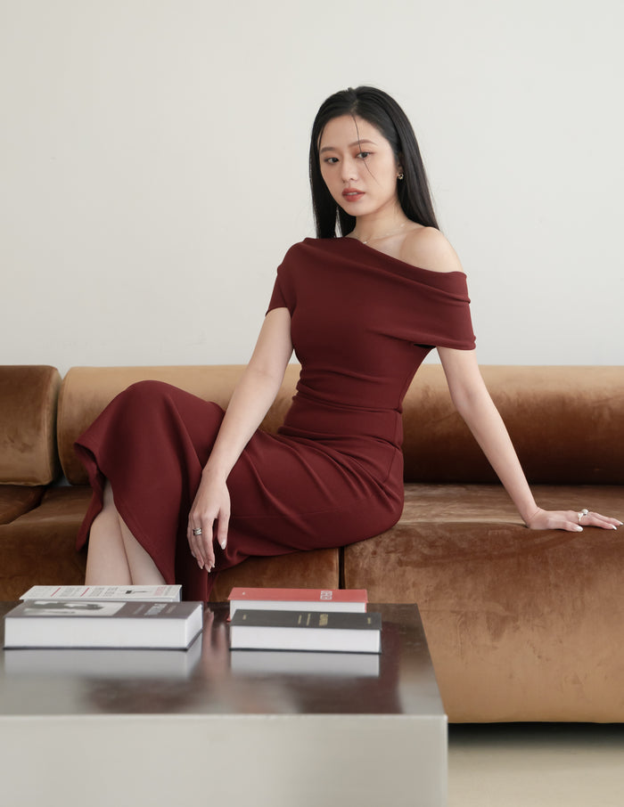 Janelle Asymmetrical Shoulder Dress in Burgundy