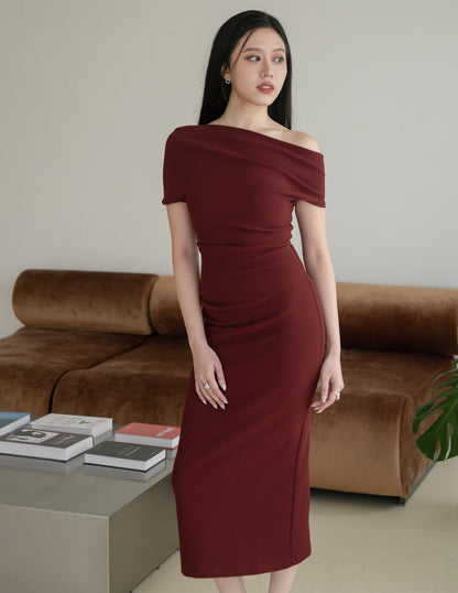 Janelle Asymmetrical Shoulder Dress in Burgundy