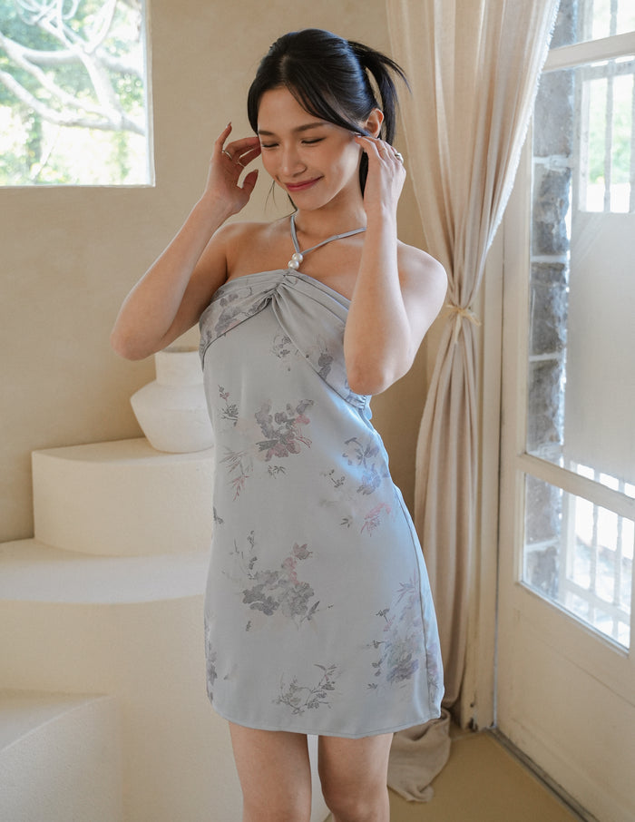 Jayne Pearl Halter Dress in Blue