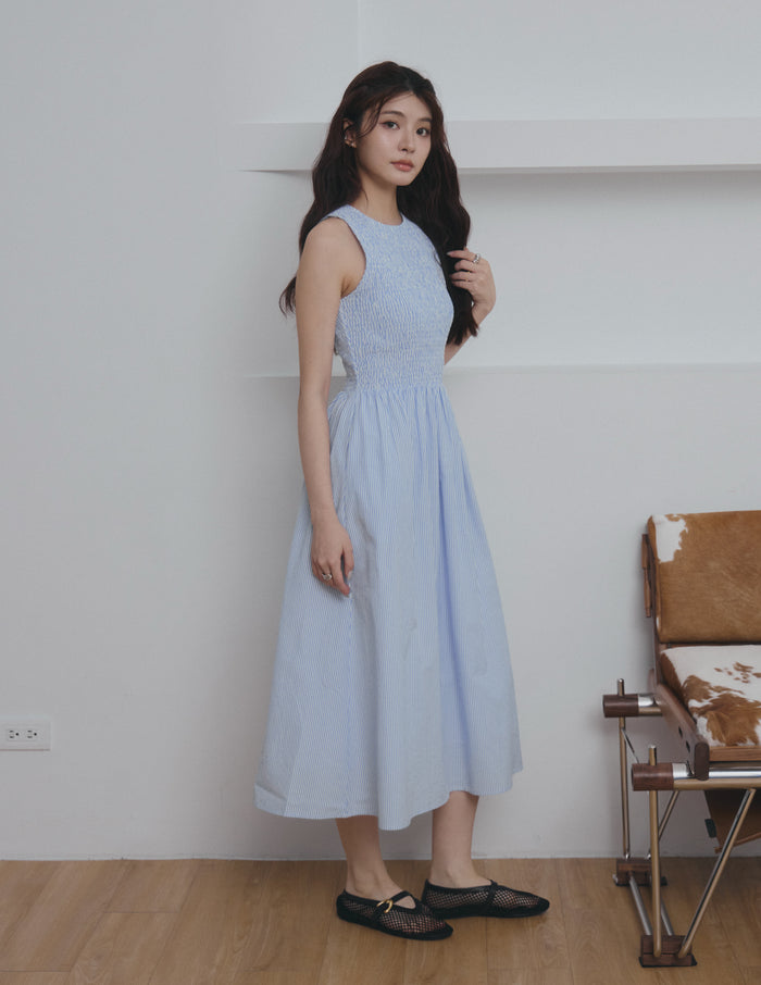 Julie Smocked Striped Dress in Blue