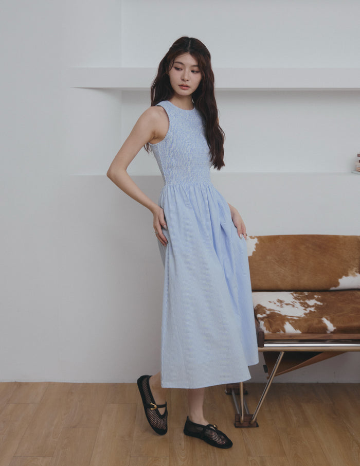 Julie Smocked Striped Dress in Blue