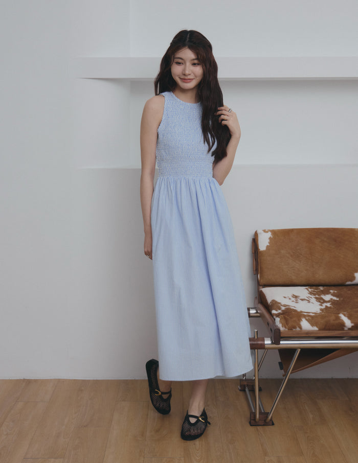 Julie Smocked Striped Dress in Blue