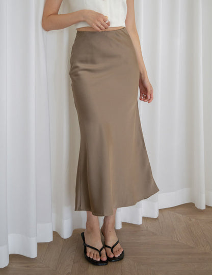 Juliet Satin Midi Skirt in Taupe