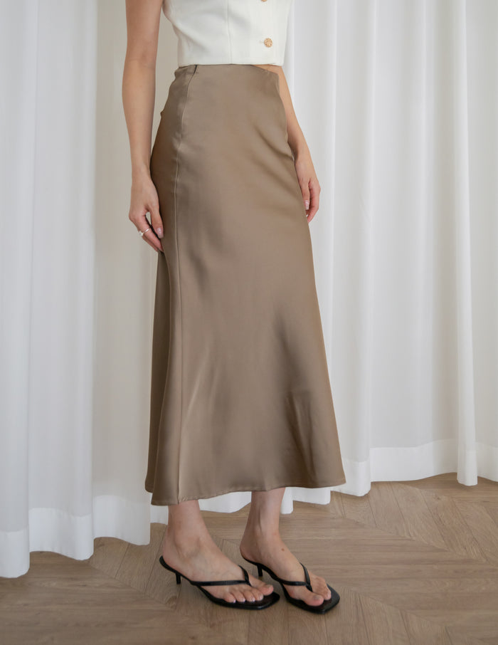 Juliet Satin Midi Skirt in Taupe