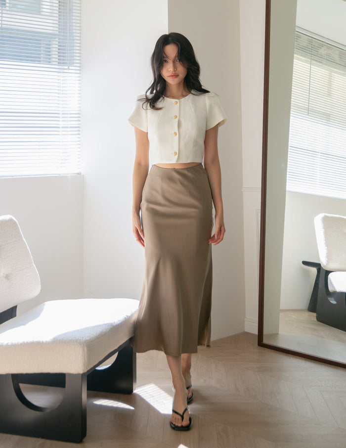 Juliet Satin Midi Skirt in Taupe