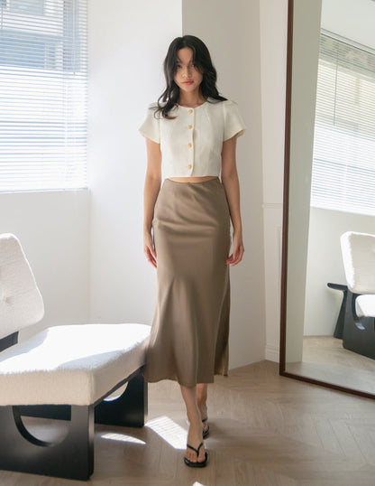 Juliet Satin Midi Skirt in Taupe