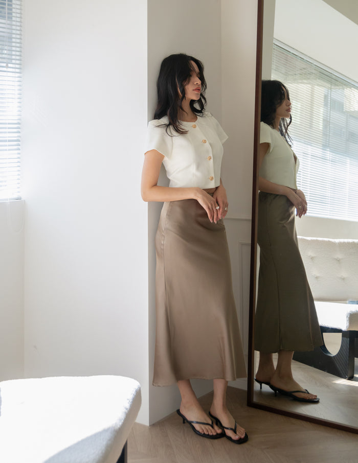 Juliet Satin Midi Skirt in Taupe