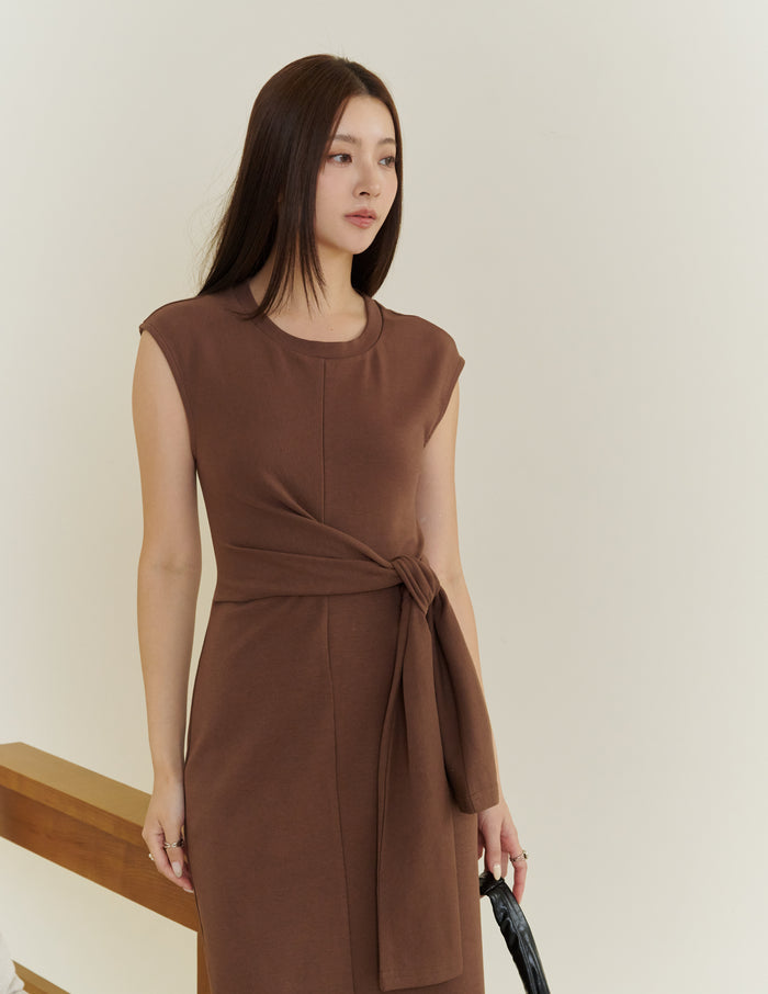 Kathy Tie Waist Midi Dress in Brown