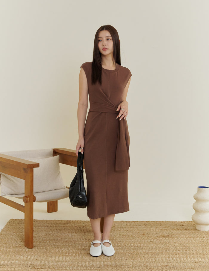 Kathy Tie Waist Midi Dress in Brown