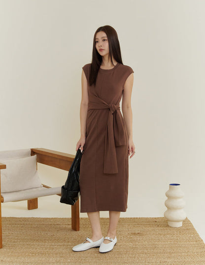 Kathy Tie Waist Midi Dress in Brown