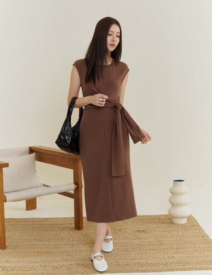 Kathy Tie Waist Midi Dress in Brown