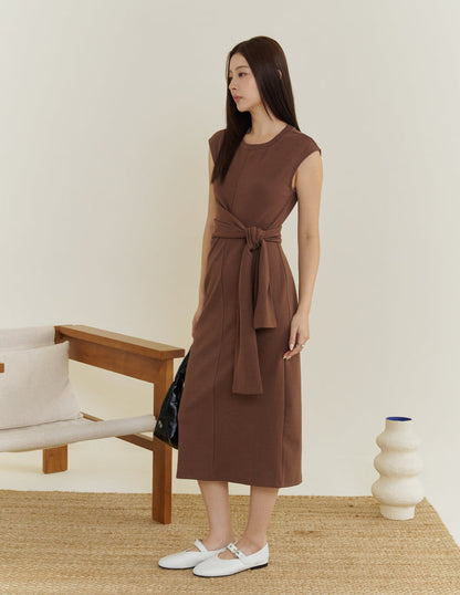 Kathy Tie Waist Midi Dress in Brown