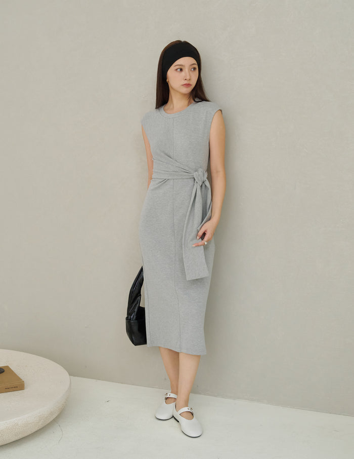Kathy Tie Waist Midi Dress in Grey