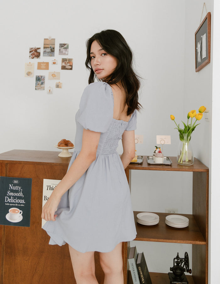 Khloe Lace Trimmed Mini Dress in Dusty Blue