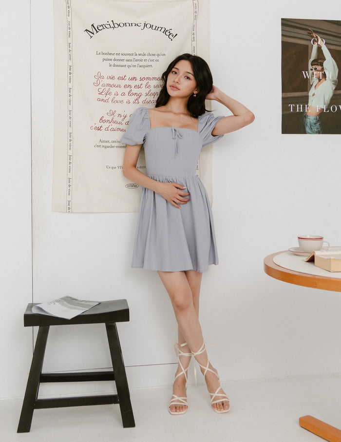 Khloe Lace Trimmed Mini Dress in Dusty Blue