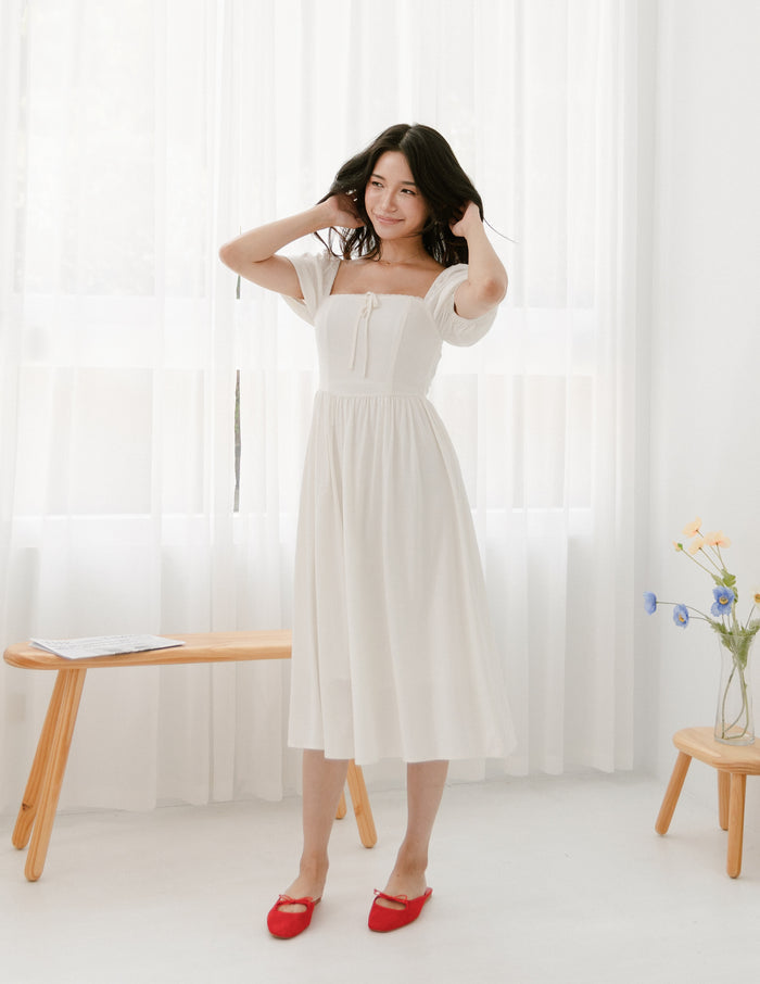 Kristy Lace Trimmed Midi Dress in White
