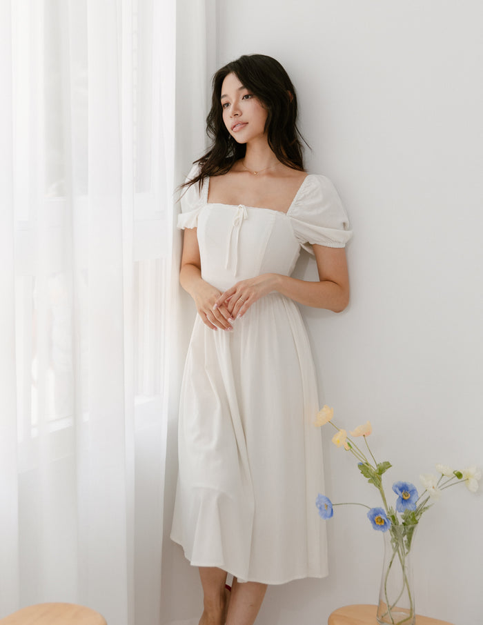 Kristy Lace Trimmed Midi Dress in White