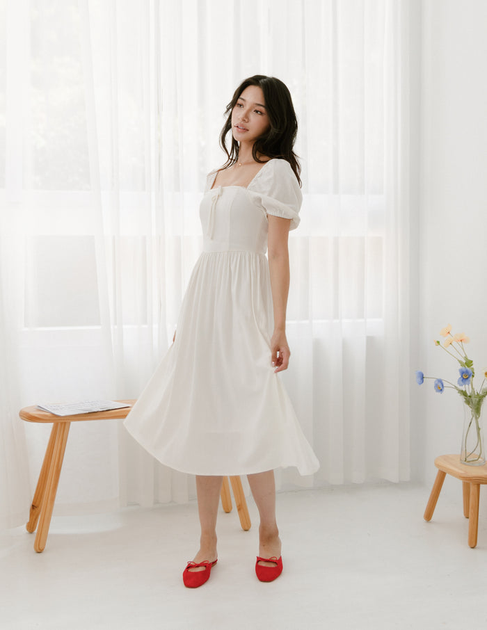 Kristy Lace Trimmed Midi Dress in White
