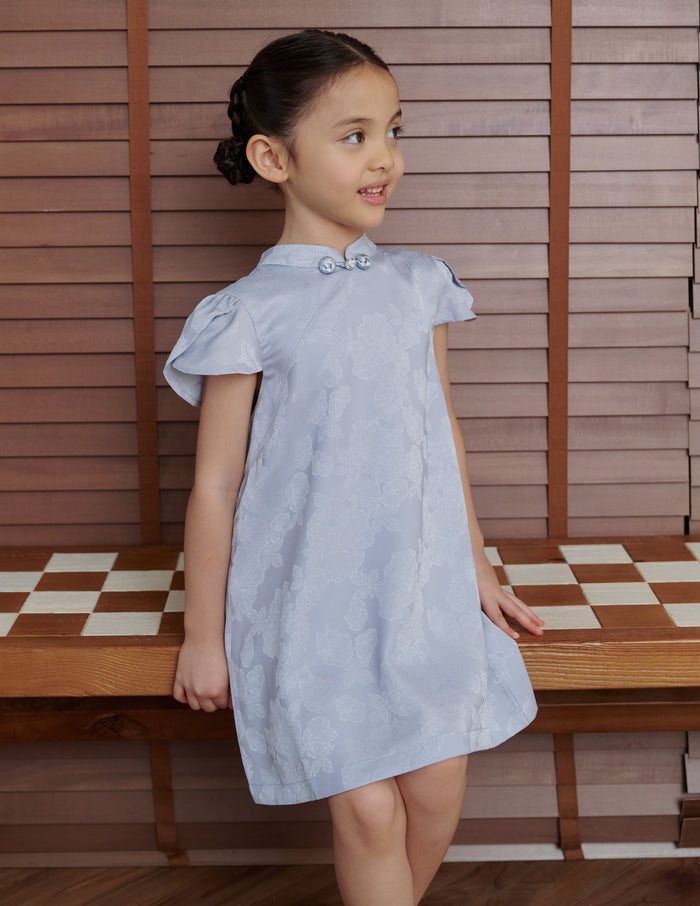 Lara Jacquard Cheongsam Girl's Dress in Blue