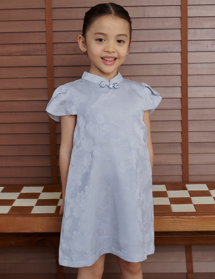Lara Jacquard Cheongsam Girl's Dress in Blue