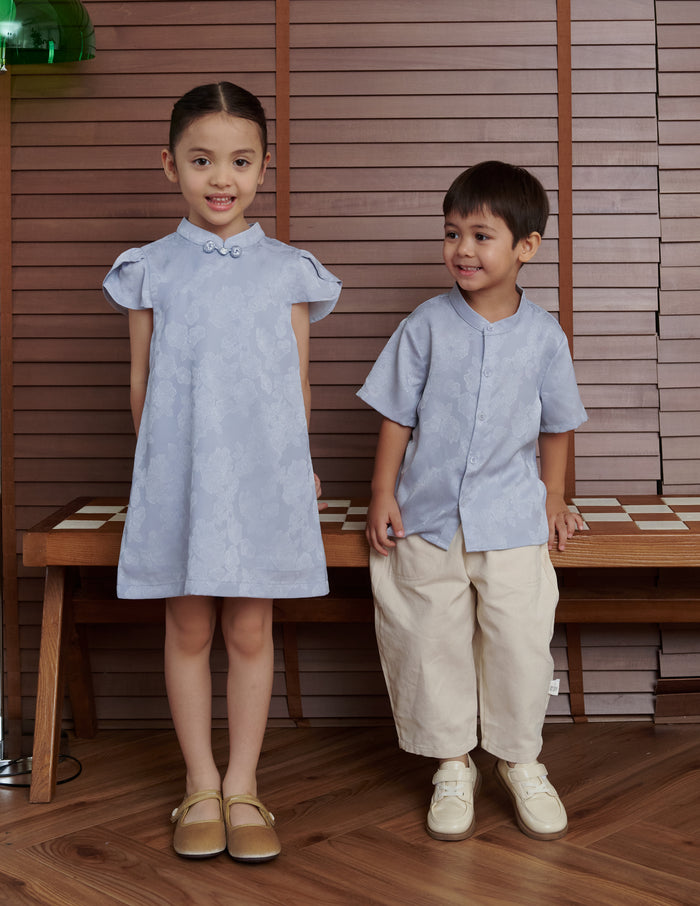 Lara Jacquard Cheongsam Girl's Dress in Blue