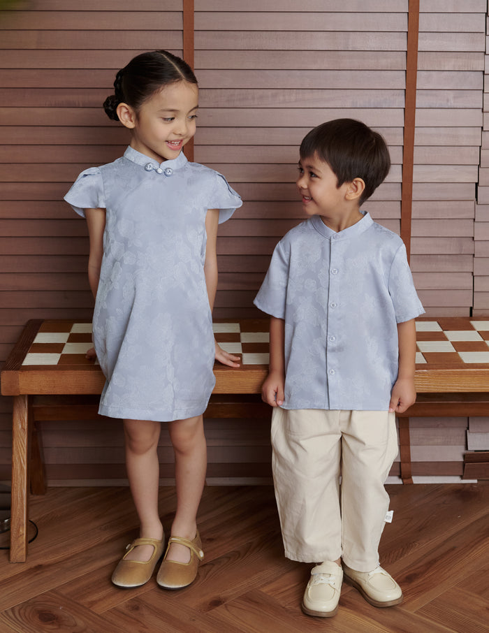 Lara Jacquard Cheongsam Girl's Dress in Blue