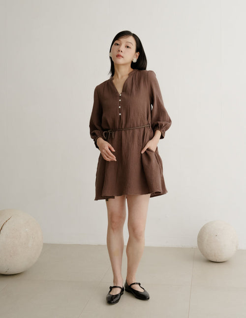 Lillie Muslin Mini Dress in Brown
