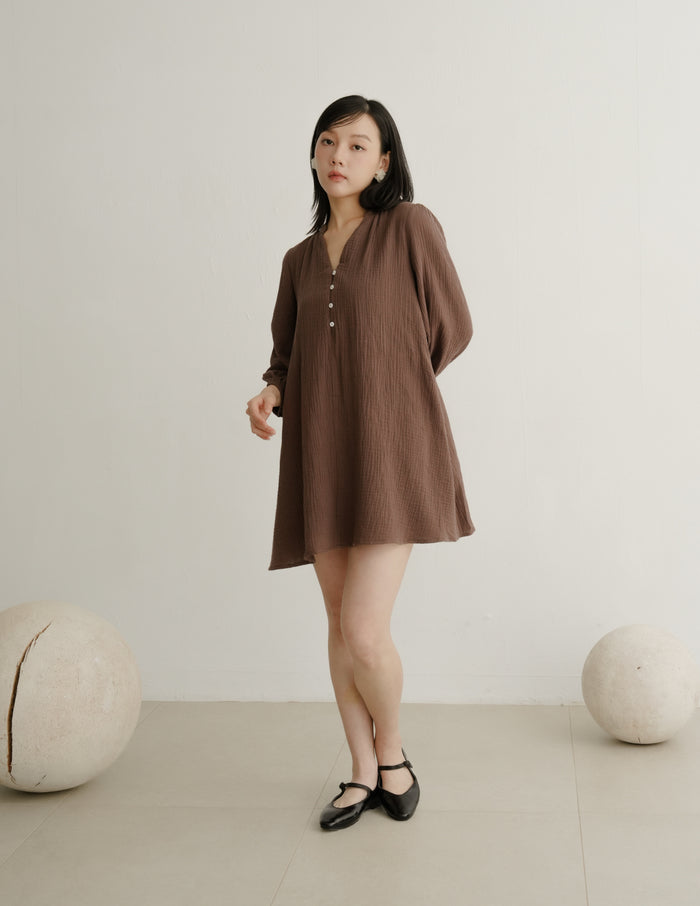 Lillie Muslin Mini Dress in Brown