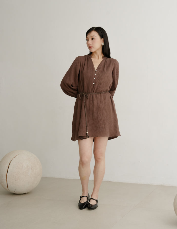 Lillie Muslin Mini Dress in Brown