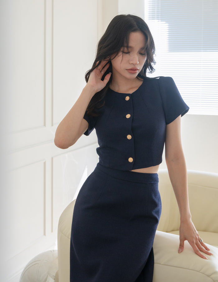 Liora Tweed Crop Top in Navy