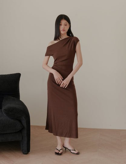 Louise Ruched Knit Dress in Brown